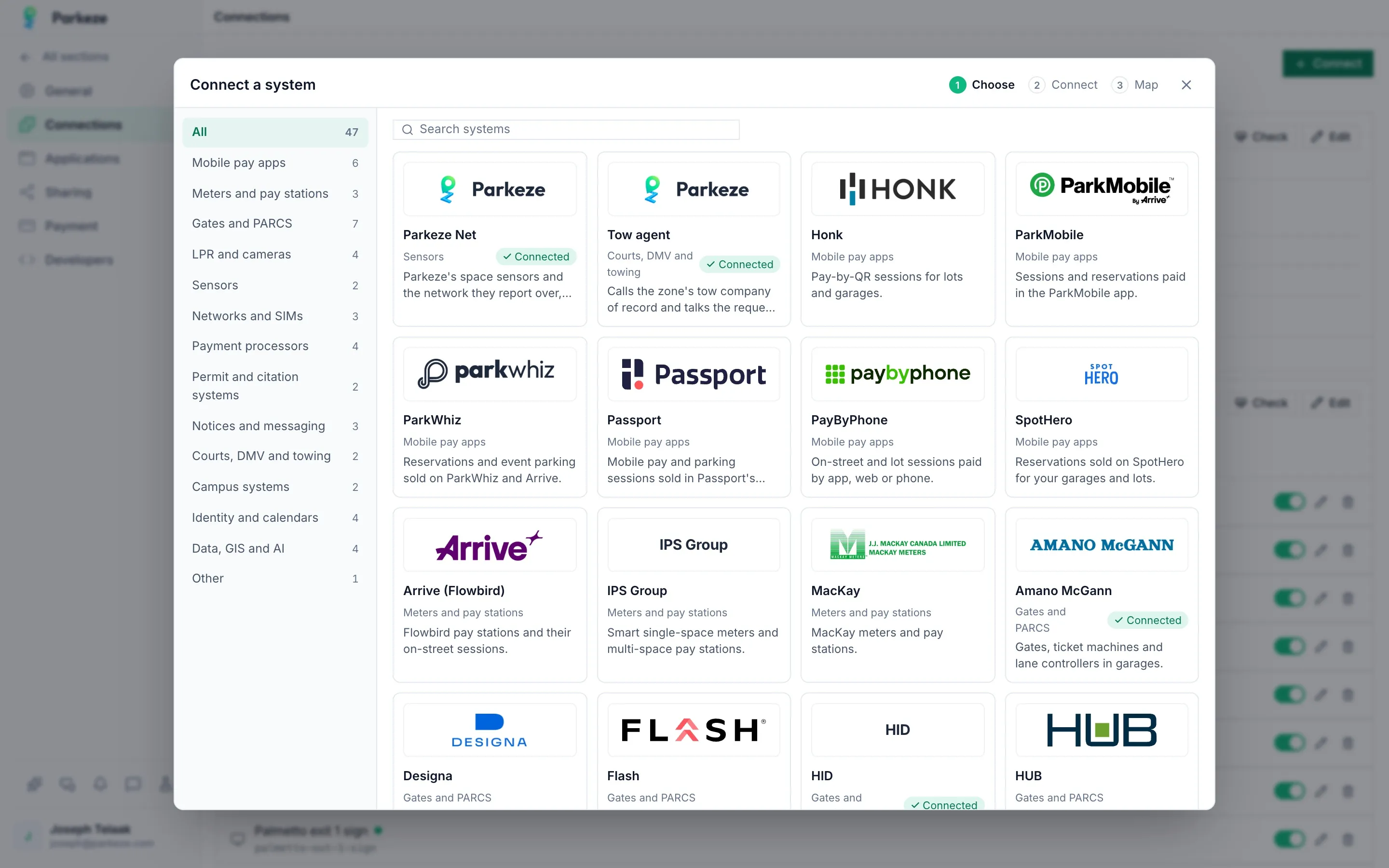 The Parkeze connector catalog: pay apps, meters, gates, cameras, sensors and more, each with its logo and whether it is connected
