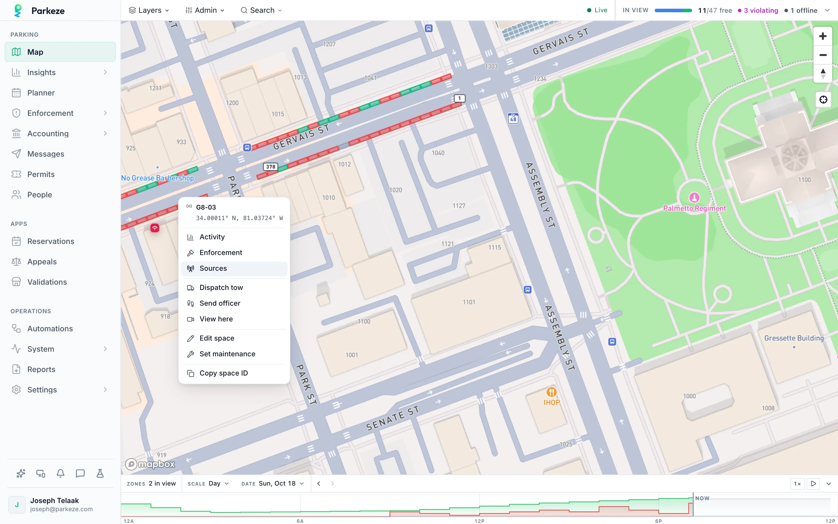 A space's right-click menu on the Parkeze map: dispatch a tow, send an officer, or view the cameras that can see it